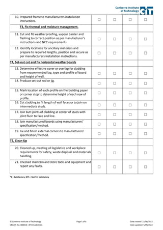 © Canberra Institute of Technology
CRICOS No. 00001K | RTO Code 0101
Page 5 of 6 Date created: 22/08/2022
Date updated: 5/09/2022
10. Prepared frame to manufacturers installation
instructions. ☐ ☐ ☐ ☐
T3, Fix thermal and moisture management.
11. Cut and fit weatherproofing, vapour barrier and
flashing to correct position as per manufacturer’s
instructions and NCC requirements.
☐ ☐ ☐ ☐
12. Identify locations for ancillary materials and
prepare to required lengths, position and secure as
per manufacturers installation instructions.
☐ ☐ ☐ ☐
T4, Set-out cut and fix horizontal weatherboards
13. Determine effective cover or overlap for cladding
from recommended lap, type and profile of board
and height of wall.
☐ ☐ ☐ ☐
14. Produce set-out rod or jig.
☐ ☐ ☐ ☐
15. Mark location of each profile on the building paper
or corner stop to determine height of each row of
profile.
☐ ☐ ☐ ☐
16. Cut cladding to fit length of wall faces or to join on
intermediate studs. ☐ ☐ ☐ ☐
17. Join butt joints of cladding at center of studs with
joint flush to face and line. ☐ ☐ ☐ ☐
18. Join manufactured boards using manufacturers’
specification/method. ☐ ☐ ☐ ☐
19. Fix and finish external corners to manufacturers’
specification/method. ☐ ☐ ☐ ☐
T5, Clean Up
20. Cleaned up, meeting all legislative and workplace
requirements for safety, waste disposal and materials
handling.
☐ ☐ ☐ ☐
21. Checked maintain and store tools and equipment and
report any faults. ☐ ☐ ☐ ☐
*S – Satisfactory, NYS – Not Yet Satisfactory
 