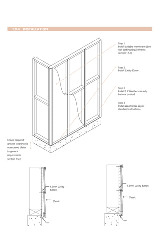 1.9.4 INSTALLATION
Step 1:
Install suitable membrane (See
wall sarking requirements
section 1.5.7)
Step 2:
Install Cavity Closer
Step 3
Install 9.5 Weathertex cavity
battens on stud
Step 4
Install Weathertex as per
standard instructions
Ensure required
ground clearance is
maintained (Refer
to general
requirements
section 1.5.4)
9.5mm Cavity
Batten
Classic
9.5mm Cavity Batten
Classic
 