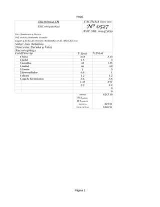 Hoja1
                     Electrónica JM                              FACTURA S001-001
                     RUC:06049558751                                     Nº 0527
                                                               AUT. SRI. 1109473859
Dir: Chimborazo y Mexico
Telf: 2628784 Riobamba -Ecuador
Lugar y fecha de emisión: Riobamba 26 de Abril del 2011
Señor: Luis Robalino
Dirección: Puruha y Veloz
Ruc:060488542
Catd Descrip                                          V.Unit              V.Total
   1 Pasta                                              3.13                           3.13
   2 pedal                                              1.5                               3
   3 tornillos                                           45                             135
   1 timbal                                              60                              60
   3 Cautin                                               1                               3
   2 destornillador                                     0.5                               1
   1 alicate                                            1.2                             1.2
   1 caja de heramientas                                3.6                             3.6
                                                        1.35                           2.97
                                                        2.2                             2.2
                                                                                          0
                                                                                          0
                                                           subtotal                 $215.10
                                                       IVA tarifao%
                                                      IVA tarifa12%
                                                          Impt del iva               $25.81
                                                     TOTAL FACTURA                  $240.91




                                                    Página 1
 