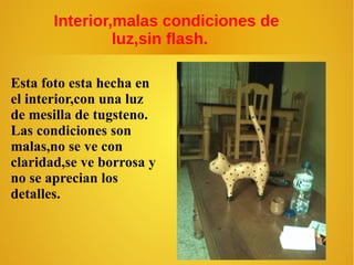 Interior,malas condiciones de
luz,sin flash.
Esta foto esta hecha en
el interior,con una luz
de mesilla de tugsteno.
Las condiciones son
malas,no se ve con
claridad,se ve borrosa y
no se aprecian los
detalles.

 