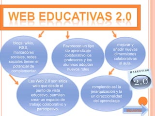blogs, wikis,                                              mejorar y
      RSS,                    Favorecen un tipo
                               de aprendizaje             añadir nuevas
  marcadores                                               dimensiones
 sociales, redes               colaborativo los
                               profesores y los           colaborativas
sociales tienen el                                            al aula.
  potencial de                alumnos adoptan
 complementar                   nuevos roles


           Las Web 2.0 son sitios
                               ,
             web que desde el                 rompiendo así la
               punto de vista                jerarquización y la
            educativo, permiten              un direccionalidad
            crear un espacio de                del aprendizaje
           trabajo colaborativo y
                participativo.                                     siguiente
 
