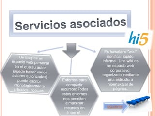 En hawaiano "wiki"
                     significa: rápido,
                  informal. Una wiki es
                     un espacio web
                        corporativo,
                  organizado mediante
 Entornos para        una estructura
   compartir          hipertextual de
recursos: Todos          páginas.
 estos entornos
  nos permiten
   almacenar
  recursos en       siguiente
    Internet.
 