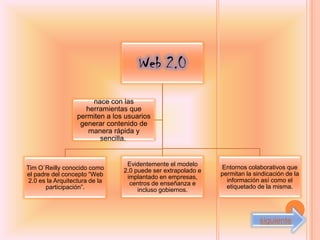 Web 2.0

                       nace con las
                     herramientas que
                  permiten a los usuarios
                   generar contenido de
                      manera rápida y
                         sencilla.


                                 Evidentemente el modelo
Tim O`Reilly conocido como                                    Entornos colaborativos que
                                2.0 puede ser extrapolado e
el padre del concepto “Web       implantado en empresas,
                                                              permitan la sindicación de la
 2.0 es la Arquitectura de la                                   información así como el
                                  centros de enseñanza e
       participación”.               incluso gobiernos.
                                                                etiquetado de la misma.




                                                                            siguiente
 