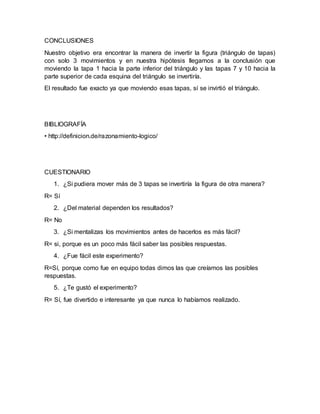 CONCLUSIONES
Nuestro objetivo era encontrar la manera de invertir la figura (triángulo de tapas)
con solo 3 movimientos y en nuestra hipótesis llegamos a la conclusión que
moviendo la tapa 1 hacia la parte inferior del triángulo y las tapas 7 y 10 hacia la
parte superior de cada esquina del triángulo se invertiría.
El resultado fue exacto ya que moviendo esas tapas, sí se invirtió el triángulo.
BIBLIOGRAFÍA
• http://definicion.de/razonamiento-logico/
CUESTIONARIO
1. ¿Si pudiera mover más de 3 tapas se invertiría la figura de otra manera?
R= Sí
2. ¿Del material dependen los resultados?
R= No
3. ¿Si mentalizas los movimientos antes de hacerlos es más fácil?
R= si, porque es un poco más fácil saber las posibles respuestas.
4. ¿Fue fácil este experimento?
R=Sí, porque como fue en equipo todas dimos las que creíamos las posibles
respuestas.
5. ¿Te gustó el experimento?
R= Sí, fue divertido e interesante ya que nunca lo habíamos realizado.
 