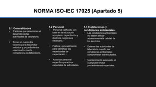 NORMA ISO-IEC 17025 (Apartado 5)
5.1 Generalidades
• Factores que determinan el
desarrollo de las
actividades de laboratorio.
• Tomar en cuenta los
factores para desarrollar
métodos y procedimientos
relacionados con la
competencia de laboratorio.
5.2 Personal
• Personal calificado con
base en la educación
apropiada, capacitación y
destreza, según sea
necesario. ·
• Política y procedimiento
para identificar las
necesidades de
capacitación. ·
• Autorizar personal
específico para tipos
especiales de actividades.
5.3 Instalaciones y
condiciones ambientales.
• Las condiciones ambientales
no deben afectar
adversamente la calidad de
los servicios.
• Detener las actividades de
laboratorio cuando las
condiciones ambientales
comprometan los resultados.
• Mantenimiento adecuado, el
cual puede incluir
procedimientos especiales.
 