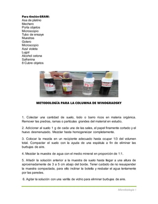 Microbiología I
Para tinción GRAM:
Asa de platino
Mechero
Porta objetos
Microscopio
Tubo de ensaye
Muestras
Gotero
Microscopio
Azul violeta
Lugol
Alcohol cetona
Safranina
8 Cubre objetos
METODOLOGÍA PARA LA COLUMNA DE WINOGRADSKY
1. Colectar una cantidad de suelo, lodo o barro ricos en materia orgánica.
Remover las piedras, ramas o partículas grandes del material en estudio.
2. Adicionar al suelo 1 g de cada una de las sales, el papel finamente cortado y el
huevo desmenuzado. Mezclar hasta homogeneizar completamente.
3. Colocar la mezcla en un recipiente adecuado hasta ocupar 1/3 del volumen
total. Compactar el suelo con la ayuda de una espátula a fin de eliminar las
burbujas de aire.
4. Mezclar la muestra de agua con el medio mineral en proporción de 1:1.
5. Añadir la solución anterior a la muestra de suelo hasta llegar a una altura de
aproximadamente de 3 a 5 cm abajo del borde. Tener cuidado de no resuspender
la muestra compactada, para ello inclinar la botella y resbalar el agua lentamente
por las paredes.
6. Agitar la solución con una varilla de vidrio para eliminar burbujas de aire.
 