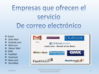  Gmail
 Zoho Mail
 Outlook.com
 Mail.com
 Yahoo! Mail
 GMX
 FastMail
 Hushmail
 Inbox.com
 ShortMail
03/06/2015
CENTRO DE RECURSOS NATURALES,
INDUSTRIA Y BIODIVERSIDAD
14
 