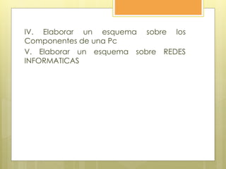 IV. Elaborar un esquema sobre los
Componentes de una Pc
V. Elaborar un esquema sobre REDES
INFORMATICAS