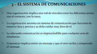 3 – EL SISTEMA DE COMUNICACIONES
• Una organización implica una red de vínculos entre los diferentes atores,
con el contexto, con la tarea.
• La organización necesita un sistema de comunicación que funcione de
manera clara y precisa y se debe cuidar muy bien de el.
• La adecuada comunicación es imprescindible para cualquier acto de
enseñanza.
• Comunicar implica emitir un mensaje y que el otro reciba y comprenda
el mensaje.
 
