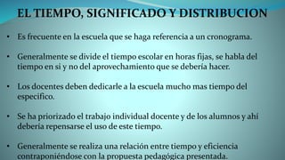 EL TIEMPO, SIGNIFICADO Y DISTRIBUCION
• Es frecuente en la escuela que se haga referencia a un cronograma.
• Generalmente se divide el tiempo escolar en horas fijas, se habla del
tiempo en si y no del aprovechamiento que se debería hacer.
• Los docentes deben dedicarle a la escuela mucho mas tiempo del
especifico.
• Se ha priorizado el trabajo individual docente y de los alumnos y ahí
debería repensarse el uso de este tiempo.
• Generalmente se realiza una relación entre tiempo y eficiencia
contraponiéndose con la propuesta pedagógica presentada.
 