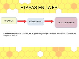ETAPAS EN LA FP
FP BÁSICA GRADO MEDIO GRADO SUPERIOR
Cada etapa consta de 2 cursos, en el que el segundo procedemos a hacer las prácticas en
empresas o FCT.
 