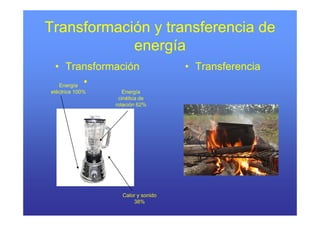 Transformación y transferencia de
            energía
 • Transformación                   • Transferencia
  Energía •
      g
eléctrica 100%      Energía
                  cinética de
                 rotación 62%




                   Calor y sonido
                       38%
 