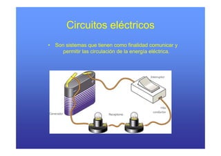 Circuitos eléctricos
•   Son sistemas que tienen como finalidad comunicar y
       permitir las circulación de la energía eléctrica.
 