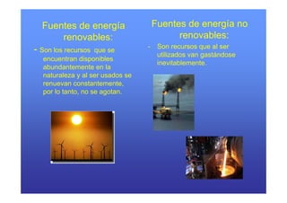 Fuentes de energía                  Fuentes de energía no
      renovables:                           renovables:
                                                  bl
                                  -    Son recursos que al ser
- Son los recursos  que se
                                       utilizados van gastándose
  encuentran disponibles
                                       inevitablemente.
  abundantemente en la
  naturaleza y al ser usados se
  renuevan constantemente,
  por lo tanto, no se agotan.
 