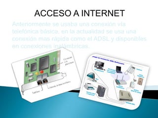 ACCESO A INTERNET
Anteriormente se usaba una conexión vía
telefónica básica, en la actualidad se usa una
conexión mas rápida como el ADSL y disponibles
en conexiones inalámbricas.
 