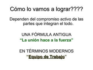 Cómo lo vamos a lograr???? Dependen del compromiso activo de las partes que integran el todo. UNA FÓRMULA ANTIGUA “ La unión hace a la fuerza” EN TÉRMINOS MODERNOS “ Equipo de Trabajo ” 