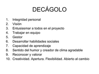 DECÁGOLO Integridad personal Visión Entusiasmar a todos en el proyecto Trabajar en equipo Gestor  Desarrollar habilidades sociales Capacidad de aprendizaje Sentido del humor y creador de clima agradable Reconocer y valorar Creatividad. Apertura. Flexibilidad. Abierto al cambio 