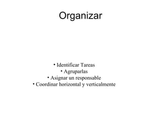 Organizar Identificar Tareas Agruparlas Asignar un responsable Coordinar horizontal y verticalmente 