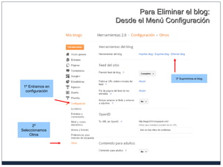 ParaPara Eliminar el blog:Eliminar el blog:
Desde el Menú ConfiguraciónDesde el Menú Configuración
2º
Seleccionamos
Otros
1º Entramos en
configuración
3º Suprimimos el blog
 