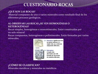 CUESTIONARIO ROCAS 
¿QUÉ SON LAS ROCAS? 
Material compuesto de uno o varios minerales como resultado final de los 
diferentes procesos geológicos. 
AL OBSERVAR LAS ROCAS ¿SE VEN HOMOGÉNEAS O 
HETEROGÉNEAS? 
Rocas simples, homogéneas o monominerales. Están constituidas por 
un solo mineral. 
Rocas compuestas, heterogéneas o poliminerales. Están formadas por varios 
minerales. 
¿CÓMO SE CLASIFICAN? 
Minerales metálicos y minerales no metálicos. 
 