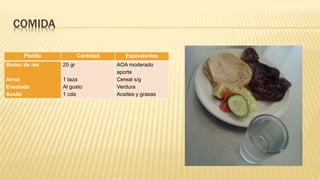 COMIDA
Platillo Cantidad Equivalentes
Bistec de res
Arroz
Ensalada
Aceite
25 gr
1 taza
Al gusto
1 cda
AOA moderado
aporte
Cereal s/g
Verdura
Aceites y grasas
 