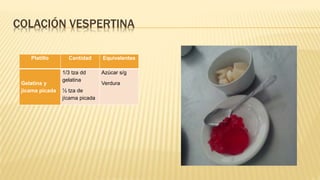 COLACIÓN VESPERTINA
Platillo Cantidad Equivalentes
Gelatina y
jícama picada
1/3 tza dd
gelatina
½ tza de
jícama picada
Azúcar s/g
Verdura
 