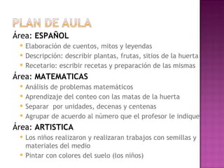 Área:  ESPAÑOL Elaboración de cuentos, mitos y leyendas Descripción: describir plantas, frutas, sitios de la huerta Recetario: escribir recetas y preparación de las mismas Área:  MATEMATICAS Análisis de problemas matemáticos Aprendizaje del conteo con las matas de la huerta Separar  por unidades, decenas y centenas Agrupar de acuerdo al número que el profesor le indique Área:  ARTISTICA Los niños realizaron y realizaran trabajos con semillas y materiales del medio Pintar con colores del suelo (los niños) 