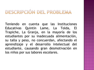 Teniendo en cuenta que las Instituciones Educativas Quintin Lame, La Tolda, El Trapiche, La Granja, en la mayoría de los estudiantes por su inadecuada alimentación, su talla y peso, no concuerdan, afectando el aprendizaje y el desarrollo intelectual del estudiante, causando gran desmotivación en los niños por sus labores escolares. 