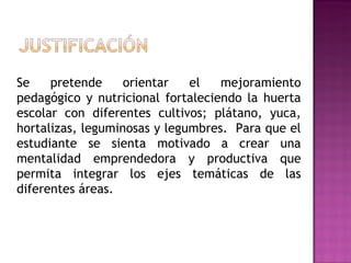 Se pretende orientar el mejoramiento pedagógico y nutricional fortaleciendo la huerta escolar con diferentes cultivos; plátano, yuca, hortalizas, leguminosas y legumbres.  Para que el estudiante se sienta motivado a crear una mentalidad emprendedora y productiva que permita integrar los ejes temáticas de las diferentes áreas. 