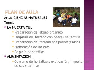 Área:  CIENCIAS NATURALES Tema:  LA HUERTA TUL Preparación del abono orgánico  Limpieza del terreno con padres de familia Preparación del terreno con padres y niños Elaboración de las eras Regadío de semillas ALIMENTACIÓN Consumo de hortalizas, explicación, importancia de sus vitaminas 