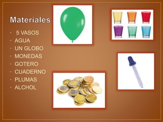 • 5 VASOS
• AGUA
• UN GLOBO
• MONEDAS
• GOTERO
• CUADERNO
• PLUMAS
• ALCHOL
 