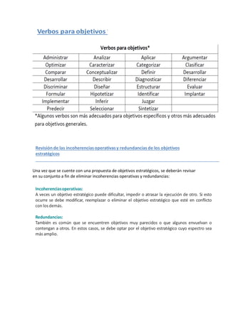 Una vez que se cuente con una propuesta de objetivos estratégicos, se deberán revisar
en su conjunto a fin de eliminar incoherencias operativas y redundancias:
 