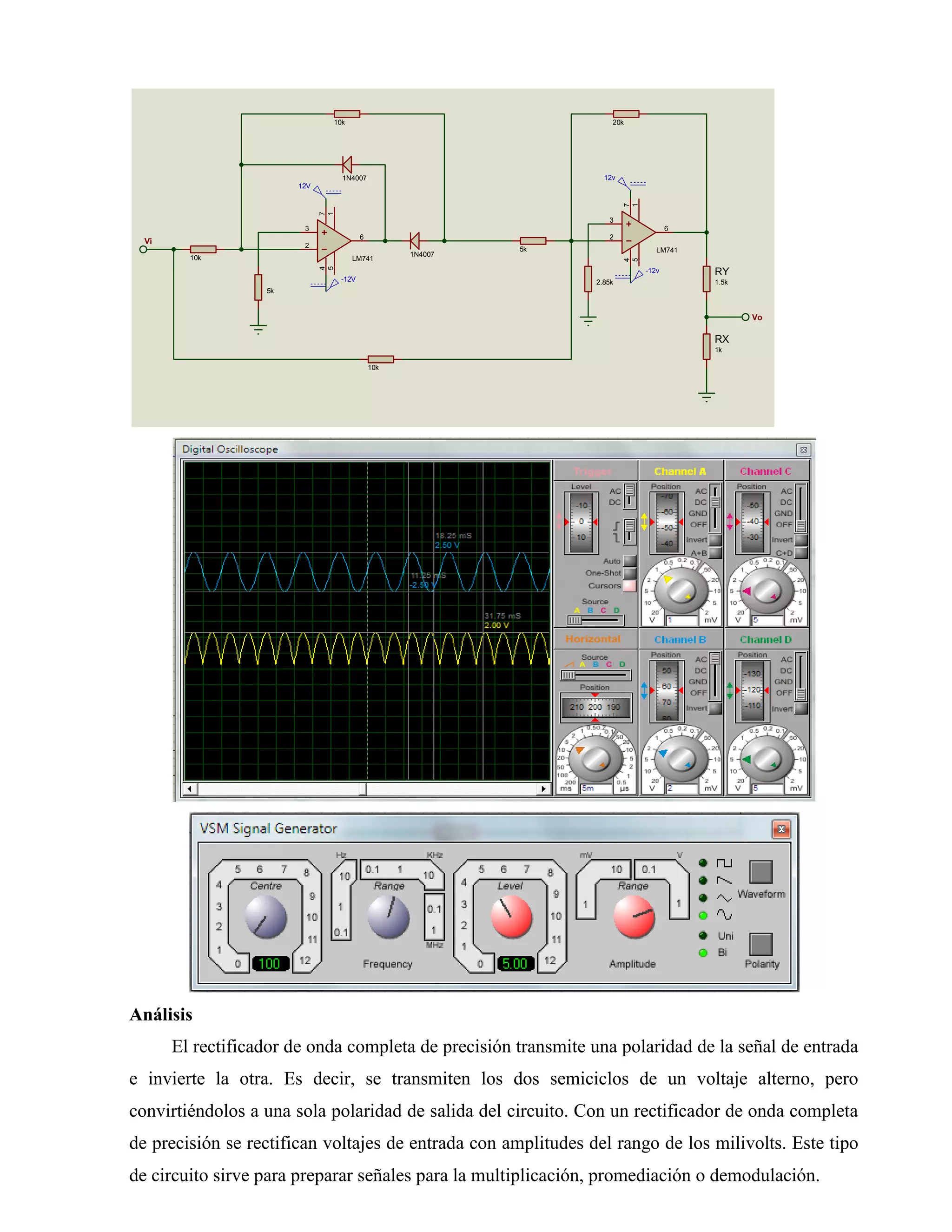 Análisis
El rectificador de onda completa de precisión transmite una polaridad de la señal de entrada
e invierte la otra. Es decir, se transmiten los dos semiciclos de un voltaje alterno, pero
convirtiéndolos a una sola polaridad de salida del circuito. Con un rectificador de onda completa
de precisión se rectifican voltajes de entrada con amplitudes del rango de los milivolts. Este tipo
de circuito sirve para preparar señales para la multiplicación, promediación o demodulación.
3
2
6
74
15
LM74110k
10k
1N4007
1N4007
12V
-12V
5k
5k
10k
12v
-12v
3
2
6
74
15
LM741
20k
2.85k
RY
1.5k
RX
1k
Vi
Vo
 