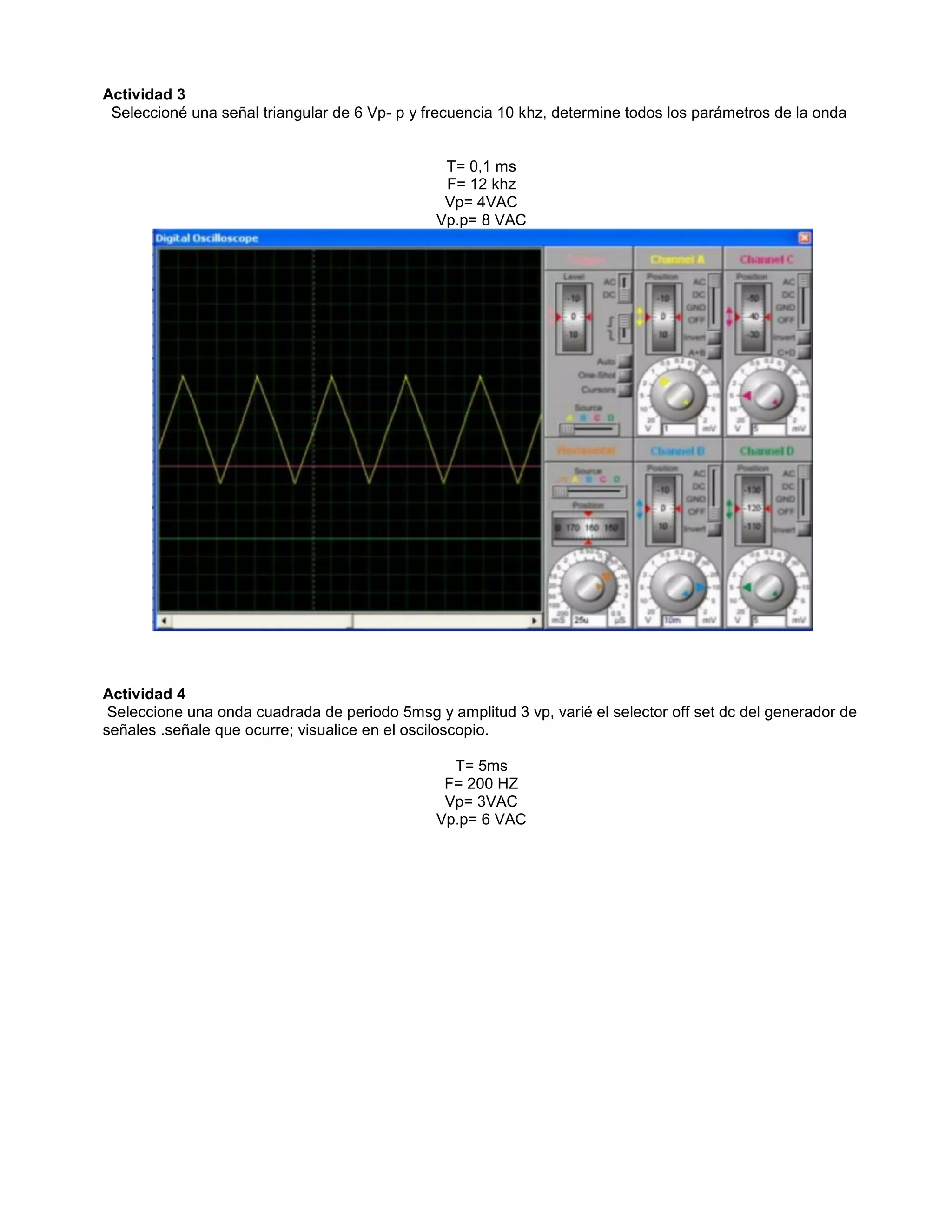 Actividad 3
Seleccioné una señal triangular de 6 Vp- p y frecuencia 10 khz, determine todos los parámetros de la onda
T= 0,1 ms
F= 12 khz
Vp= 4VAC
Vp.p= 8 VAC
Actividad 4
Seleccione una onda cuadrada de periodo 5msg y amplitud 3 vp, varié el selector off set dc del generador de
señales .señale que ocurre; visualice en el osciloscopio.
T= 5ms
F= 200 HZ
Vp= 3VAC
Vp.p= 6 VAC
 
