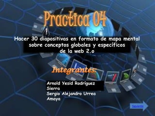 Hacer 30 diapositivas en formato de mapa mental
     sobre conceptos globales y específicos
                  de la web 2.o




            Arnold Yesid Rodríguez
            Sierra
            Sergio Alejandro Urrea
            Amaya
                                            Siguiente
 