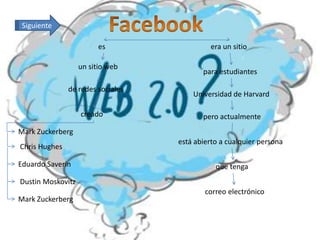 Siguiente

                         es                 era un sitio

                   un sitio web
                                          para estudiantes

               de redes sociales
                                       Universidad de Harvard

                   creado                 pero actualmente
Mark Zuckerberg
                                   está abierto a cualquier persona
Chris Hughes

Eduardo Saverin                               que tenga
Dustin Moskovitz
                                           correo electrónico
Mark Zuckerberg
 
