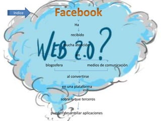 Indice

                            Ha

                          recibido

                      mucha atención

                             en

         blogosfera                  medios de comunicación

                        al convertirse

                  en una plataforma


                 sobre la que terceros


           pueden desarrollar aplicaciones
 