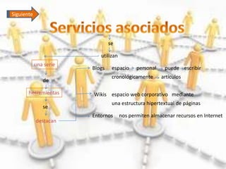 Siguiente




                                se

                           utilizan
            una serie
                        Blogs    espacio     personal    puede escribir
                                 cronológicamente       artículos
               de

       herramientas     Wikis espacio web corporativo mediante
                                 una estructura hipertextual de páginas
               se
                        Entornos      nos permiten almacenar recursos en Internet
            destacan
 
