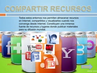 Todos estos entornos nos permiten almacenar recursos
          en Internet, compartirlos y visualizarlos cuando nos
          convenga desde Internet. Constituyen una inmensa
          fuente de recursos y lugares donde publicar materiales
          para su difusión mundial.

Redes Sociales                                    Plataformas educativas


 Videos                                                     Aulas virtuales


Presentaciones                                                Documentos



Fotos
                                                                   Siguiente
 