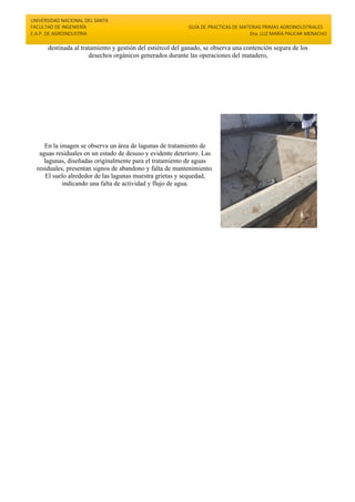 UNIVERSIDAD NACIONAL DEL SANTA
FACULTAD DE INGENIERÍA
E.A.P. DE AGROINDUSTRIA
GUÍA DE PRACTICAS DE MATERIAS PRIMAS AGROINDUSTRIALES
Dra. LUZ MARÍA PAUCAR MENACHO
destinada al tratamiento y gestión del estiércol del ganado, se observa una contención segura de los
desechos orgánicos generados durante las operaciones del matadero,
En la imagen se observa un área de lagunas de tratamiento de
aguas residuales en un estado de desuso y evidente deterioro. Las
lagunas, diseñadas originalmente para el tratamiento de aguas
residuales, presentan signos de abandono y falta de mantenimiento.
El suelo alrededor de las lagunas muestra grietas y sequedad,
indicando una falta de actividad y flujo de agua.
 
