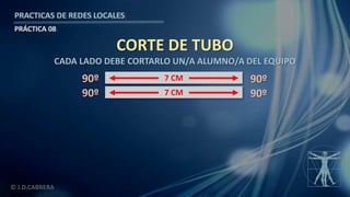 © J.D.CABRERA
PRACTICAS DE REDES LOCALES
PRÁCTICA 08
CORTE DE TUBO
CADA LADO DEBE CORTARLO UN/A ALUMNO/A DEL EQUIPO
7 CM 90º90º
7 CM 90º90º
 