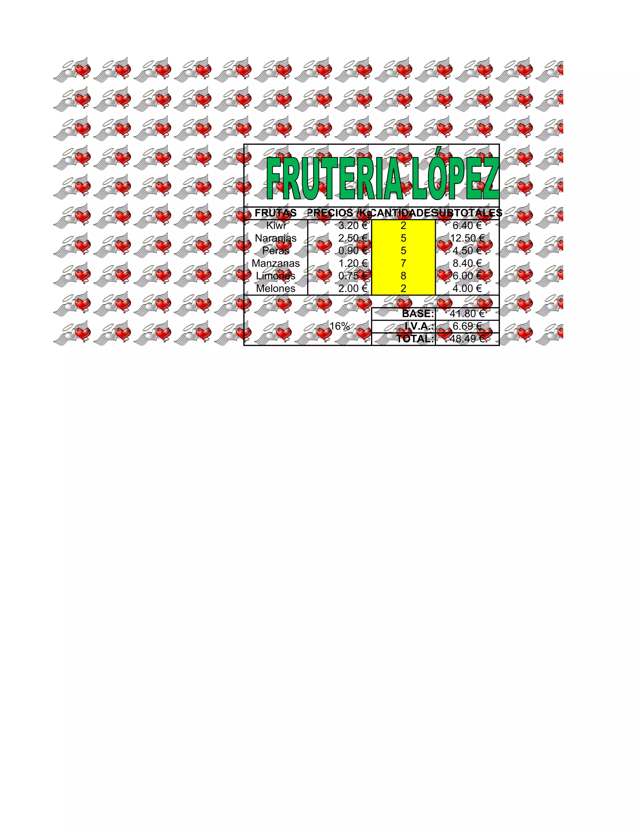 FRUTAS PRECIOS /Kg CANTIDADES
                            SUBTOTALES
   Kiwi     3.20 €      2      6.40 €
Naranjas    2.50 €      5     12.50 €
  Peras     0.90 €      5      4.50 €
Manzanas    1.20 €      7      8.40 €
 Limones    0.75 €      8      6.00 €
 Melones    2.00 €      2      4.00 €

                      BASE:     41.80 €
           16%        I.V.A.:    6.69 €
                     TOTAL:     48.49 €
 