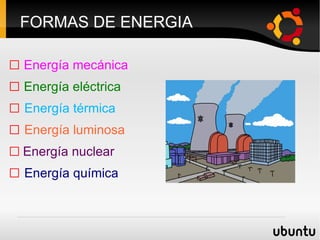 FORMAS DE ENERGIA □   Energía mecánica □   Energía eléctrica □   Energía térmica □   Energía luminosa □   Energía nuclear  □   Energía química 