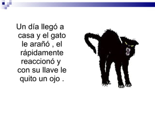 Un día llegó a casa y el gato le arañó , el rápidamente reaccionó y  con su llave le quito un ojo . 
