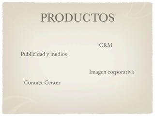 PRODUCTOS

                          CRM
Publicidad y medios


                      Imagen corporativa
 Contact Center
 