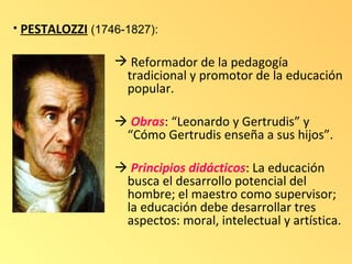 • PESTALOZZI (1746-1827):

                  Reformador de la pedagogía
                  tradicional y promotor de la educación
                  popular.

                  Obras: “Leonardo y Gertrudis” y
                  “Cómo Gertrudis enseña a sus hijos”.

                  Principios didácticos: La educación
                  busca el desarrollo potencial del
                  hombre; el maestro como supervisor;
                  la educación debe desarrollar tres
                  aspectos: moral, intelectual y artística.
 