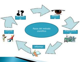 pregunt                              observ
             ar                                  ar



   Cada ciencia, y aun cadaPasos del método
   investigación concreta, genera
conclui                           científico            experiment
   su propio método de
   r                                                        ar
   investigación. En general, se
   define como método el
   proceso mediante el cual una
   teoría científica es validada o
   bien descartada
                               informar
 