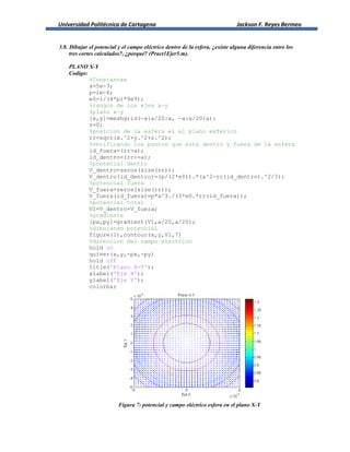 Universidad Politécnica de Cartagena Jackson F. Reyes Bermeo
3.8. Dibujar el potencial y el campo eléctrico dentro de la esfera, ¿existe alguna diferencia entre los
tres cortes calculados?, ¿porqué? (Pract1Ejer5.m).
PLANO X-Y
Codigo:
%Constantes
a=5e-3;
p=1e-6;
e0=1/(4*pi*9e9);
%rangos de los ejes x-y
%plano x-y
[x,y]=meshgrid(-a:a/20:a, -a:a/20:a);
z=0;
%posicion de la esfera el el plano esferico
rr=sqrt(x.^2+y.^2+z.^2);
%verificando los puntos que esta dentro y fuera de la esfera
id_fuera=(rr>a);
id_dentro=(rr<=a);
%pontecial dentro
V_dentro=zeros(size(rr));
V_dentro(id_dentro)=(p/(2*e0)).*(a^2-rr(id_dentro).^2/3);
%potencial fuera
V_fuera=zeros(size(rr));
V_fuera(id_fuera)=p*a^3./(3*e0.*rr(id_fuera));
%potencial total
V1=V_dentro+V_fuera;
%gradiente
[px,py]=gradient(V1,a/20,a/20);
%dibujando potencial
figure(1),contour(x,y,V1,7)
%direccion del campo electrico
hold on
quiver(x,y,-px,-py)
hold off
title('Plano X-Y');
xlabel('Eje X');
ylabel('Eje Y');
colorbar
Figura 7: potencial y campo eléctrico esfera en el plano X-Y
 