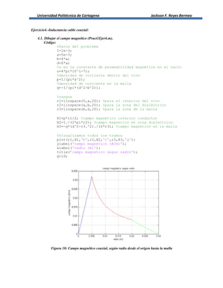 Universidad Politécnica de Cartagena Jackson F. Reyes Bermeo
Ejercicio4.-Inductancia cable coaxial:
4.1. Dibujar el campo magnético (Pract1Ejer6.m).
Código:
%Datos del problema
I=1e-3;
a=5e-3;
b=4*a;
d=6*a;
%u es la constante de permeabilidad magnética en el vacío
u=4*pi*10^(-7);
%densidad de corriente dentro del vivo
p=I/(pi*a^2);
%densidad de corriente en la malla
q=-I/(pi*(d^2-b^2));
%rangos
r1=linspace(0,a,20); %para el interior del vivo
r2=linspace(a,b,20); %para la zona del dieléctrico
r3=linspace(b,d,20); %para la zona de la malla
H1=p*r1/2; %campo magnetico interior conductor
H2=I./(2*pi*r2); %campo magnetico en zona dielectrico
H3=-q*(d^2-r3.^2)./(2*r3); %campo magnetivo en la malla
%Visualizamos todos los tramos
plot(r1,H1,'b',r2,H2,'r',r3,H3,'g');
ylabel('campo magnetico (A/m)');
xlabel('radio (m)');
title('campo magnetico segun radio');
grid;
Figura 10: Campo magnético coaxial, según radio desde el origen hasta la malla
 