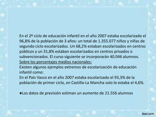 En el 2º ciclo de educación infantil en el año 2007 estaba escolarizado el
96,8% de la población de 3 años: un total de 1.355.077 niños y niñas de
segundo ciclo escolarizados. Un 68,2% estaban escolarizados en centros
públicos y un 31,8% estaban escolarizados en centros privados o
subvencionados. El curso siguiente se incorporarán 40.046 alumnos.
Sobre los porcentajes medios nacionales:
Existen algunos ejemplos extremos de escolarización de educación
infantil como:
En el País Vasco en el año 2007 estaba escolarizado el 93,3% de la
población de primer ciclo, en Castilla-La Mancha solo lo estaba el 4,6%.

●Los datos de previsión estiman un aumento de 21.556 alumnos
 